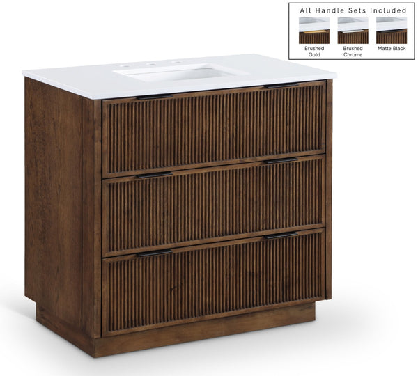 Meridian Furniture Willard Solid Wood Bathroom Vanity with Engineered Stone Top and Soft Close Drawer Storage Brown 36 inches 436Brown-36