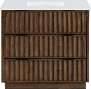 Meridian Furniture Willard Solid Wood Bathroom Vanity with Engineered Stone Top and Soft Close Drawer Storage Brown 36 inches 436Brown-36