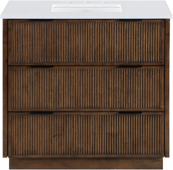 Meridian Furniture Willard Solid Wood Bathroom Vanity with Engineered Stone Top and Soft Close Drawer Storage Brown 36 inches 436Brown-36