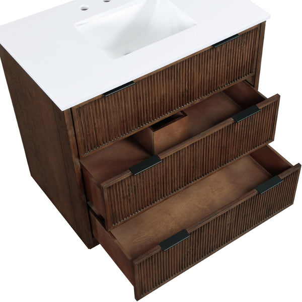Meridian Furniture Willard Solid Wood Bathroom Vanity with Engineered Stone Top and Soft Close Drawer Storage Brown 36 inches 436Brown-36