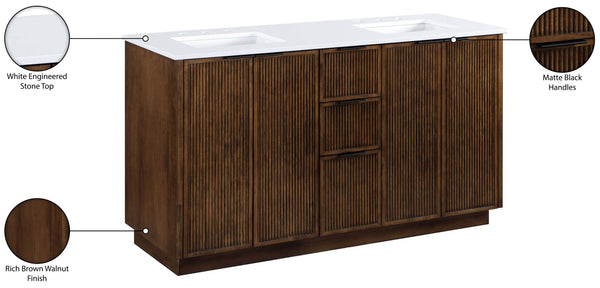 Meridian Furniture Willard Solid Wood Bathroom Vanity with Engineered Stone Top and Soft Close Drawer Storage Brown 60 inches 436Brown-60
