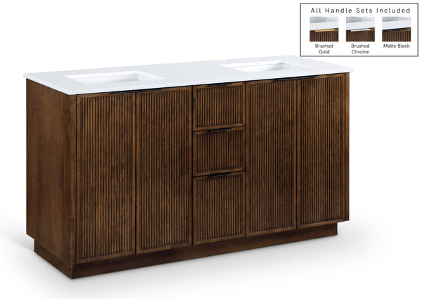 Meridian Furniture Willard Solid Wood Bathroom Vanity with Engineered Stone Top and Soft Close Drawer Storage Brown 60 inches 436Brown-60