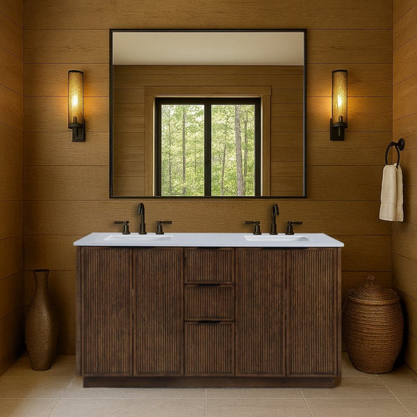 Meridian Furniture Willard Solid Wood Bathroom Vanity with Engineered Stone Top and Soft Close Drawer Storage Brown 60 inches 436Brown-60
