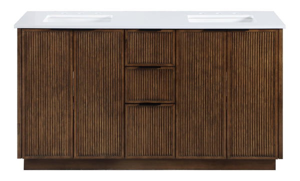 Meridian Furniture Willard Solid Wood Bathroom Vanity with Engineered Stone Top and Soft Close Drawer Storage Brown 60 inches 436Brown-60