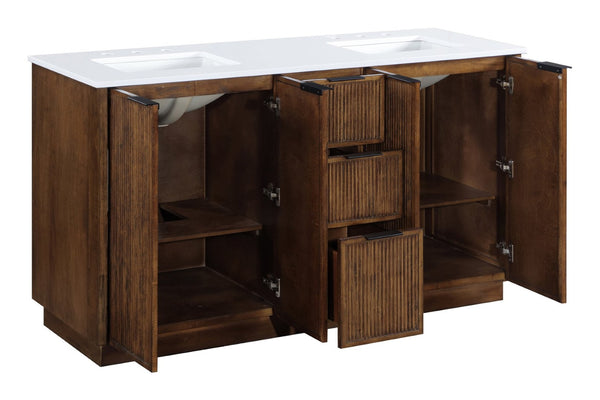 Meridian Furniture Willard Solid Wood Bathroom Vanity with Engineered Stone Top and Soft Close Drawer Storage Brown 60 inches 436Brown-60