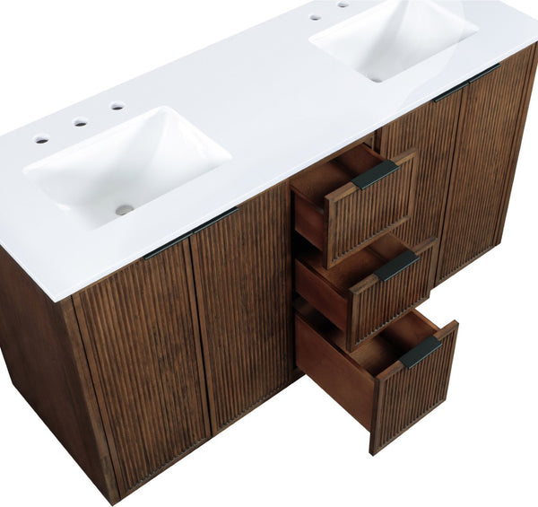Meridian Furniture Willard Solid Wood Bathroom Vanity with Engineered Stone Top and Soft Close Drawer Storage Brown 60 inches 436Brown-60