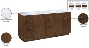 Meridian Furniture Willard Solid Wood Bathroom Vanity with Engineered Stone Top and Soft Close Drawer Storage Brown 72 inches 436Brown-72