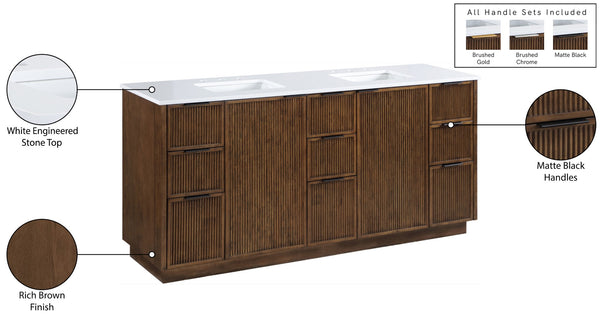 Meridian Furniture Willard Solid Wood Bathroom Vanity with Engineered Stone Top and Soft Close Drawer Storage Brown 72 inches 436Brown-72