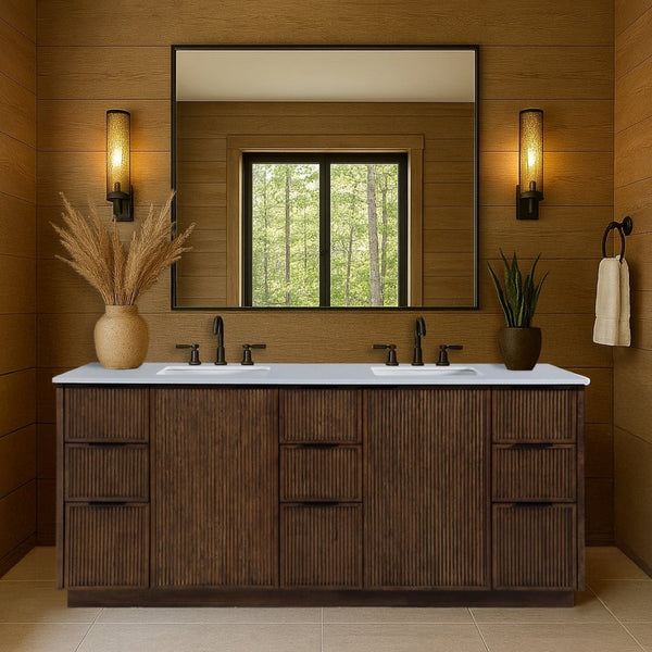 Meridian Furniture Willard Solid Wood Bathroom Vanity with Engineered Stone Top and Soft Close Drawer Storage Brown 72 inches 436Brown-72