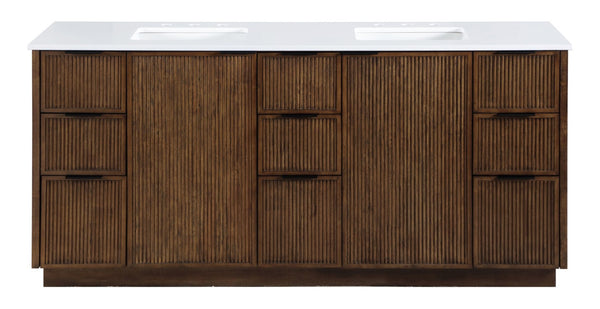 Meridian Furniture Willard Solid Wood Bathroom Vanity with Engineered Stone Top and Soft Close Drawer Storage Brown 72 inches 436Brown-72