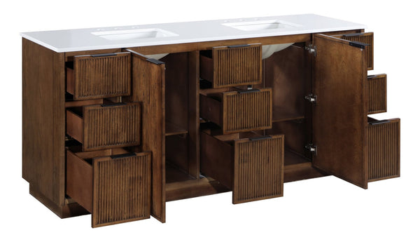 Meridian Furniture Willard Solid Wood Bathroom Vanity with Engineered Stone Top and Soft Close Drawer Storage Brown 72 inches 436Brown-72