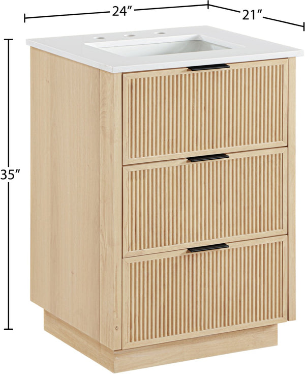 Meridian Furniture Willard Solid Wood Bathroom Vanity with Engineered Stone Top and Soft Close Drawer Storage Natural 24 inches 436Natural-24