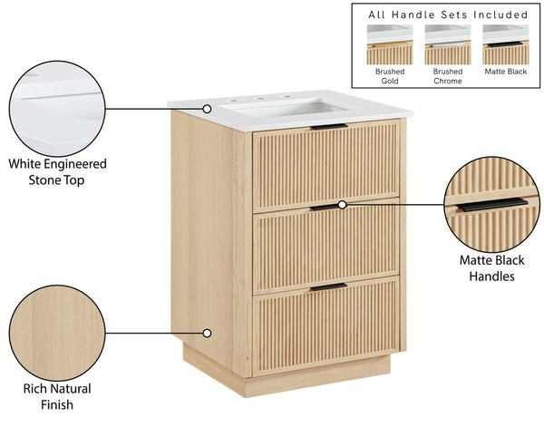 Meridian Furniture Willard Solid Wood Bathroom Vanity with Engineered Stone Top and Soft Close Drawer Storage Natural 24 inches 436Natural-24