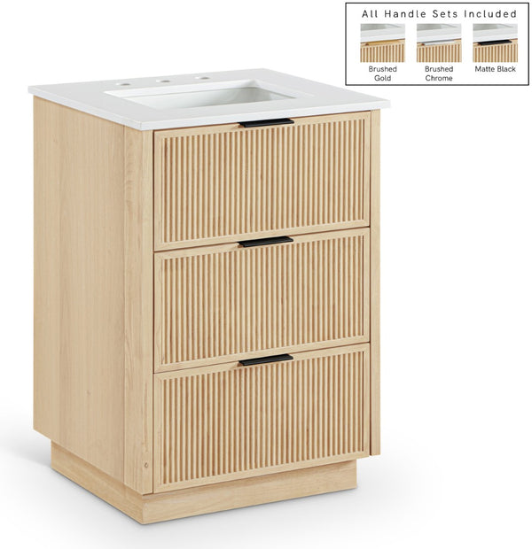 Meridian Furniture Willard Solid Wood Bathroom Vanity with Engineered Stone Top and Soft Close Drawer Storage Natural 24 inches 436Natural-24