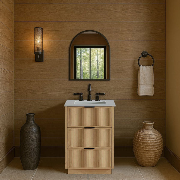 Meridian Furniture Willard Solid Wood Bathroom Vanity with Engineered Stone Top and Soft Close Drawer Storage Natural 24 inches 436Natural-24
