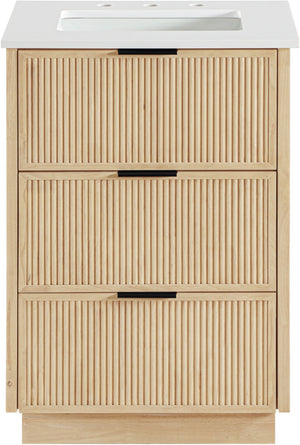 Meridian Furniture Willard Solid Wood Bathroom Vanity with Engineered Stone Top and Soft Close Drawer Storage Natural 24 inches 436Natural-24