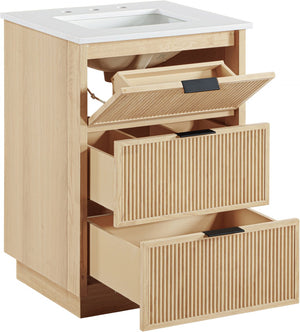 Meridian Furniture Willard Solid Wood Bathroom Vanity with Engineered Stone Top and Soft Close Drawer Storage Natural 24 inches 436Natural-24