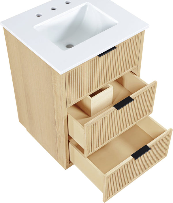 Meridian Furniture Willard Solid Wood Bathroom Vanity with Engineered Stone Top and Soft Close Drawer Storage Natural 24 inches 436Natural-24