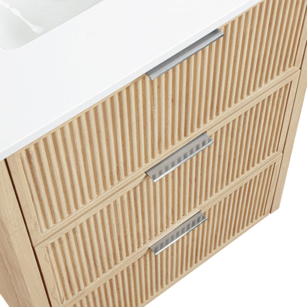 Meridian Furniture Willard Solid Wood Bathroom Vanity with Engineered Stone Top and Soft Close Drawer Storage Natural 24 inches 436Natural-24