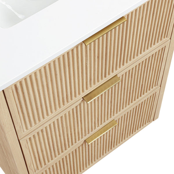 Meridian Furniture Willard Solid Wood Bathroom Vanity with Engineered Stone Top and Soft Close Drawer Storage Natural 24 inches 436Natural-24