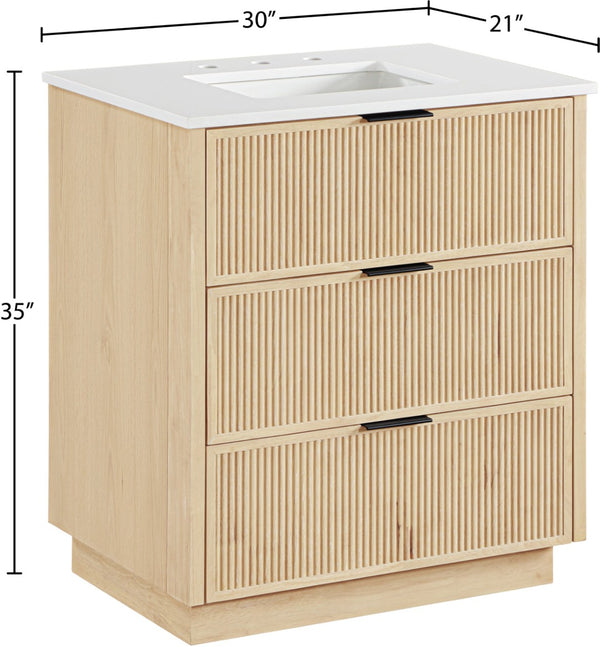 Meridian Furniture Willard Solid Wood Bathroom Vanity with Engineered Stone Top and Soft Close Drawer Storage Natural 30 inches 436Natural-30