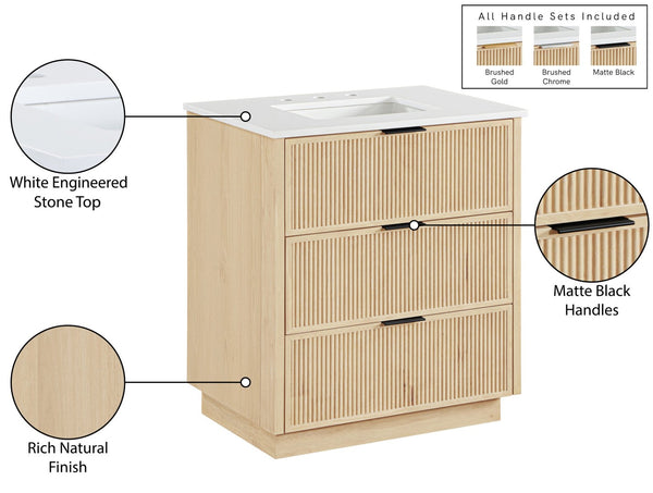 Meridian Furniture Willard Solid Wood Bathroom Vanity with Engineered Stone Top and Soft Close Drawer Storage Natural 30 inches 436Natural-30