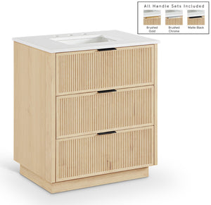 Meridian Furniture Willard Solid Wood Bathroom Vanity with Engineered Stone Top and Soft Close Drawer Storage Natural 30 inches 436Natural-30