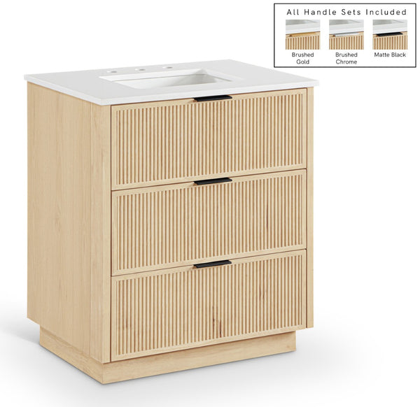 Meridian Furniture Willard Solid Wood Bathroom Vanity with Engineered Stone Top and Soft Close Drawer Storage Natural 30 inches 436Natural-30