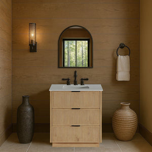 Meridian Furniture Willard Solid Wood Bathroom Vanity with Engineered Stone Top and Soft Close Drawer Storage Natural 30 inches 436Natural-30