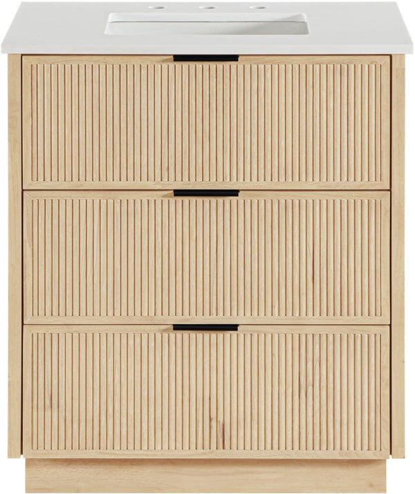 Meridian Furniture Willard Solid Wood Bathroom Vanity with Engineered Stone Top and Soft Close Drawer Storage Natural 30 inches 436Natural-30