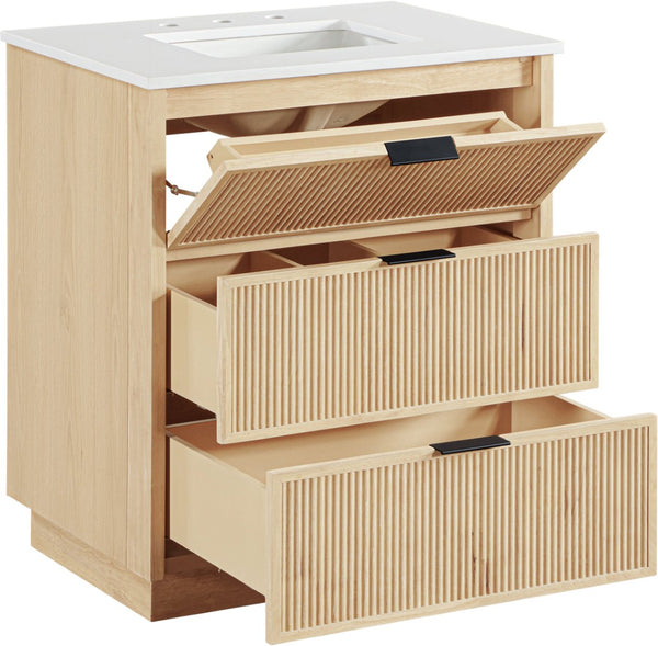 Meridian Furniture Willard Solid Wood Bathroom Vanity with Engineered Stone Top and Soft Close Drawer Storage Natural 30 inches 436Natural-30