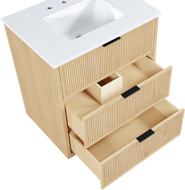 Meridian Furniture Willard Solid Wood Bathroom Vanity with Engineered Stone Top and Soft Close Drawer Storage Natural 30 inches 436Natural-30