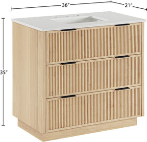 Meridian Furniture Willard Solid Wood Bathroom Vanity with Engineered Stone Top and Soft Close Drawer Storage Natural 36 inches 436Natural-36