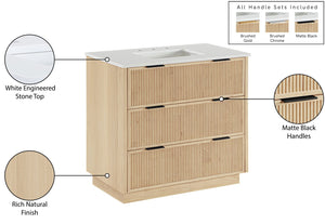 Meridian Furniture Willard Solid Wood Bathroom Vanity with Engineered Stone Top and Soft Close Drawer Storage Natural 36 inches 436Natural-36