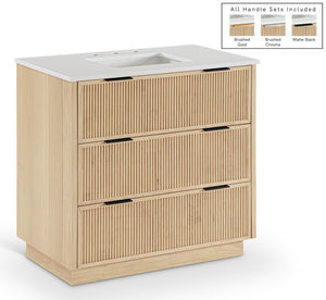 Meridian Furniture Willard Solid Wood Bathroom Vanity with Engineered Stone Top and Soft Close Drawer Storage Natural 36 inches 436Natural-36