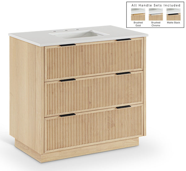 Meridian Furniture Willard Solid Wood Bathroom Vanity with Engineered Stone Top and Soft Close Drawer Storage Natural 36 inches 436Natural-36