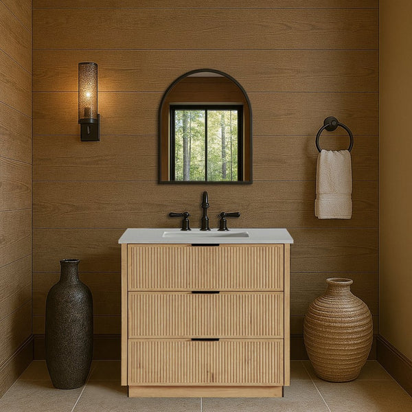 Meridian Furniture Willard Solid Wood Bathroom Vanity with Engineered Stone Top and Soft Close Drawer Storage Natural 36 inches 436Natural-36