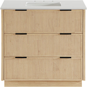 Meridian Furniture Willard Solid Wood Bathroom Vanity with Engineered Stone Top and Soft Close Drawer Storage Natural 36 inches 436Natural-36