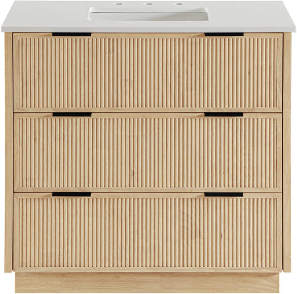 Meridian Furniture Willard Solid Wood Bathroom Vanity with Engineered Stone Top and Soft Close Drawer Storage Natural 36 inches 436Natural-36