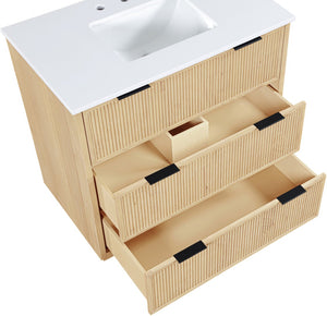 Meridian Furniture Willard Solid Wood Bathroom Vanity with Engineered Stone Top and Soft Close Drawer Storage Natural 36 inches 436Natural-36