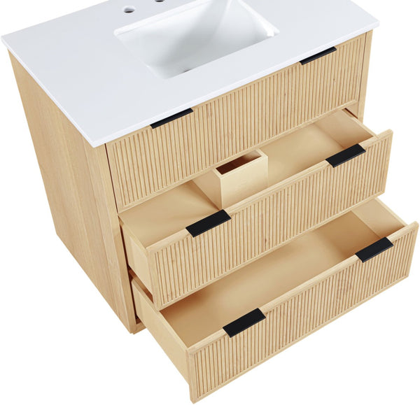 Meridian Furniture Willard Solid Wood Bathroom Vanity with Engineered Stone Top and Soft Close Drawer Storage Natural 36 inches 436Natural-36