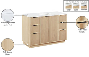 Meridian Furniture Willard Solid Wood Bathroom Vanity with Engineered Stone Top and Soft Close Drawer Storage Natural 48 inches 436Natural-48