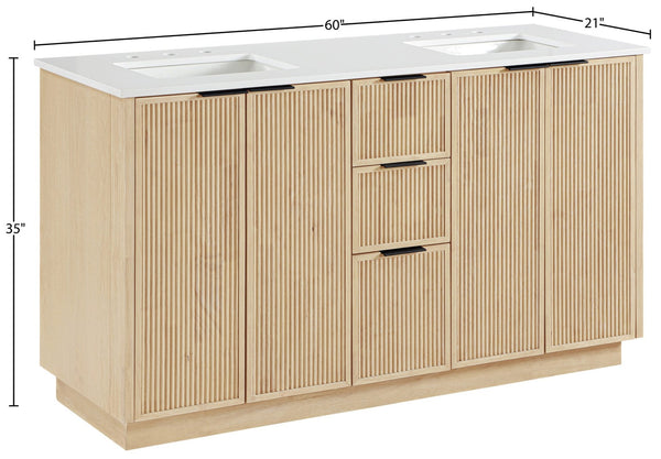 Meridian Furniture Willard Solid Wood Bathroom Vanity with Engineered Stone Top and Soft Close Drawer Storage Natural 60 inches 436Natural-60
