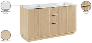 Meridian Furniture Willard Solid Wood Bathroom Vanity with Engineered Stone Top and Soft Close Drawer Storage Natural 60 inches 436Natural-60