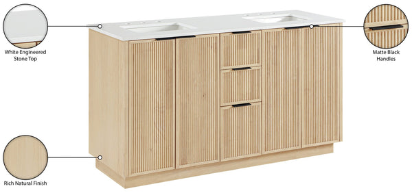 Meridian Furniture Willard Solid Wood Bathroom Vanity with Engineered Stone Top and Soft Close Drawer Storage Natural 60 inches 436Natural-60