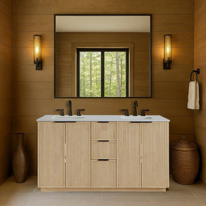 Meridian Furniture Willard Solid Wood Bathroom Vanity with Engineered Stone Top and Soft Close Drawer Storage Natural 60 inches 436Natural-60