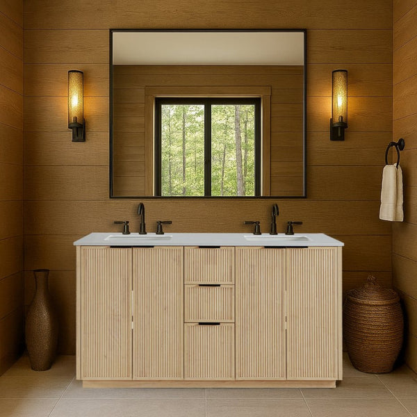 Meridian Furniture Willard Solid Wood Bathroom Vanity with Engineered Stone Top and Soft Close Drawer Storage Natural 60 inches 436Natural-60