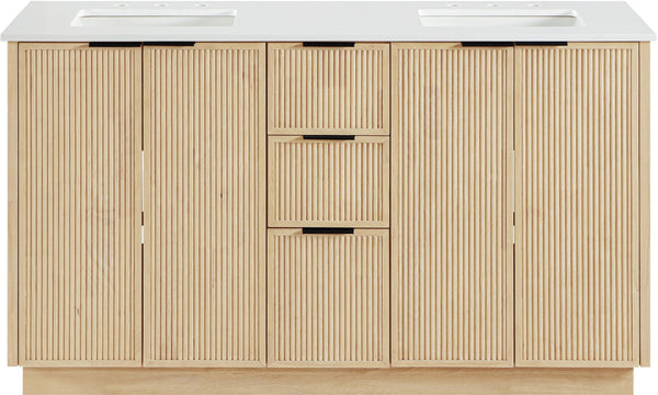 Meridian Furniture Willard Solid Wood Bathroom Vanity with Engineered Stone Top and Soft Close Drawer Storage Natural 60 inches 436Natural-60