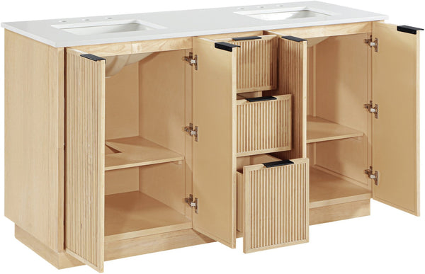 Meridian Furniture Willard Solid Wood Bathroom Vanity with Engineered Stone Top and Soft Close Drawer Storage Natural 60 inches 436Natural-60
