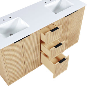 Meridian Furniture Willard Solid Wood Bathroom Vanity with Engineered Stone Top and Soft Close Drawer Storage Natural 60 inches 436Natural-60